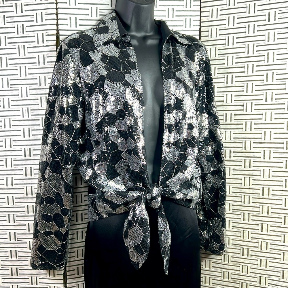 Chicos Sequined Tie Open Front Top - image 1